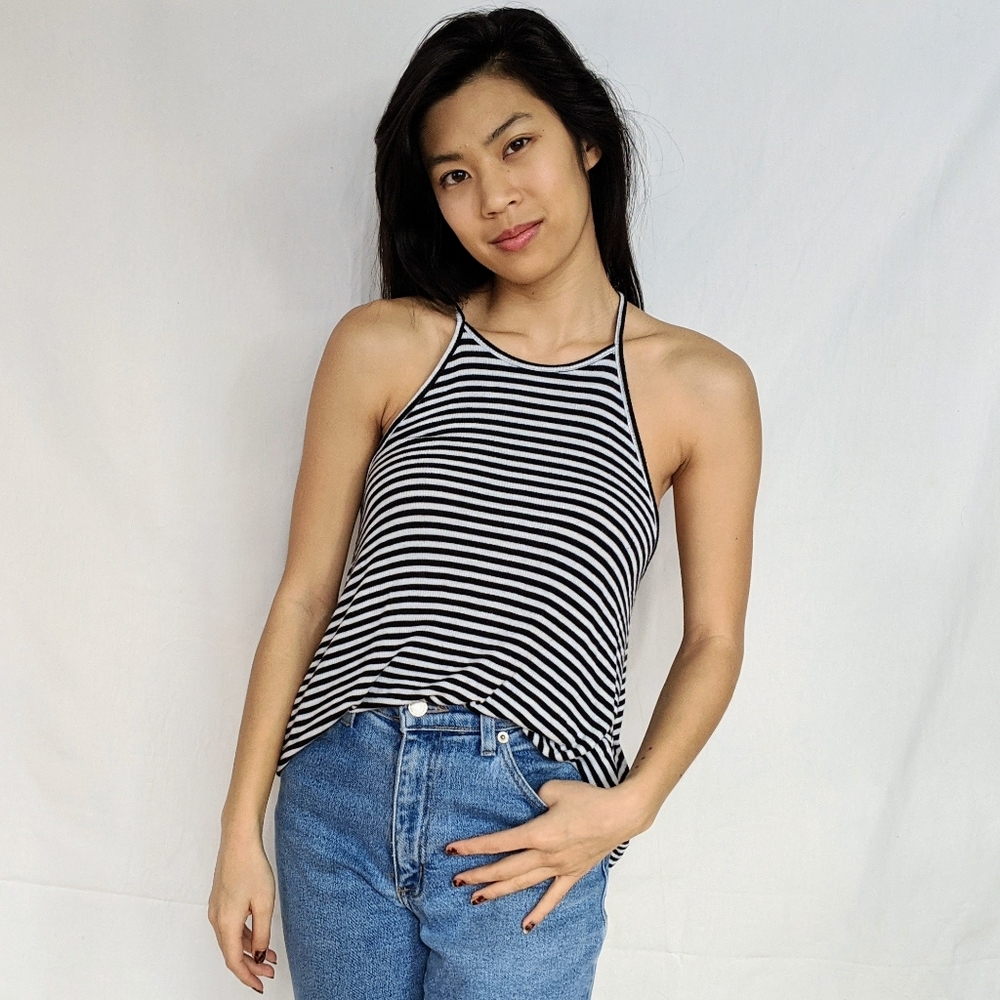 Striped ribbed knit racer back tank top